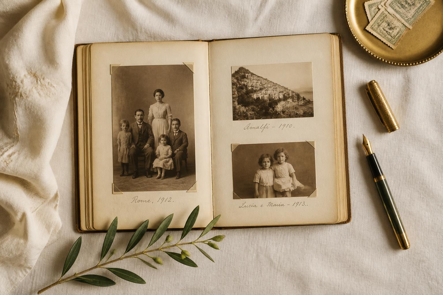 An open vintage family photo album with sepia photographs