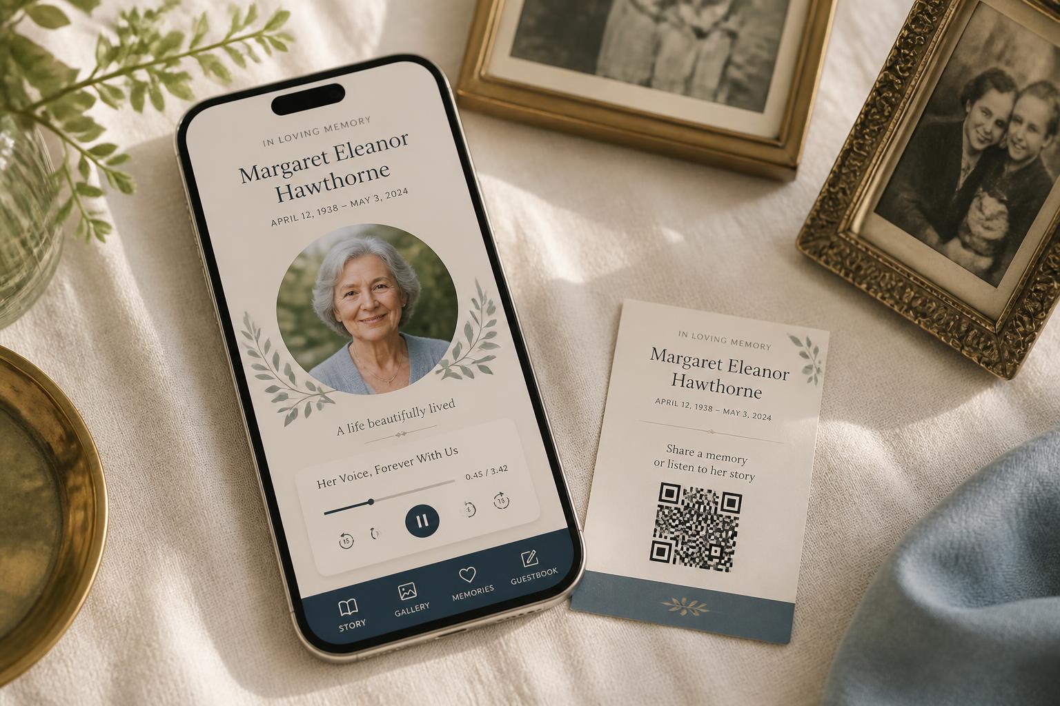 A smartphone showing a tribute page next to a printed QR memorial card and family photographs